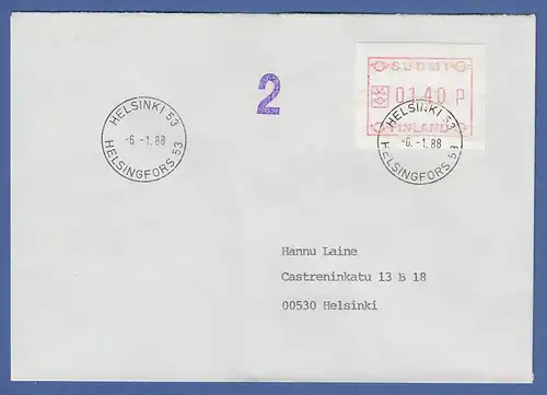Finnland 1988 ATM Mi.-Nr. 3.2 c Wert 140 auf Inlands-Brief, O HELSINKI 53