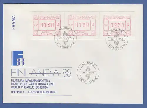 Finnland FRAMA-Sonder-ATM FINLANDIA`88 offiz. FDC mit Satz 130-160-220