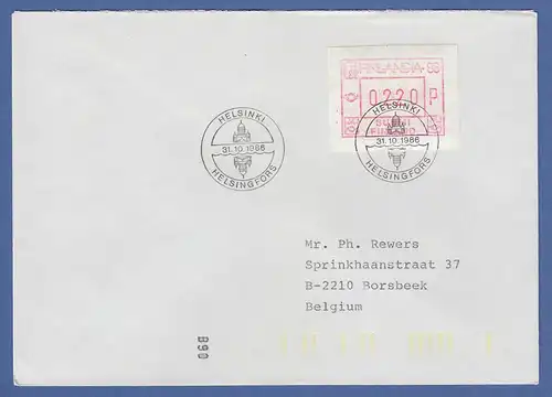 Finnland FRAMA-Sonder-ATM FINLANDIA`88 Wert 0220 So-O Typ1 auf FDC nach Belgien