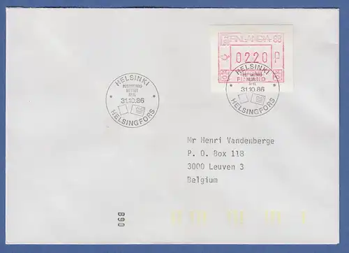 Finnland FRAMA-Sonder-ATM FINLANDIA`88 Wert 0220 So-O Typ2 auf FDC nach Belgien