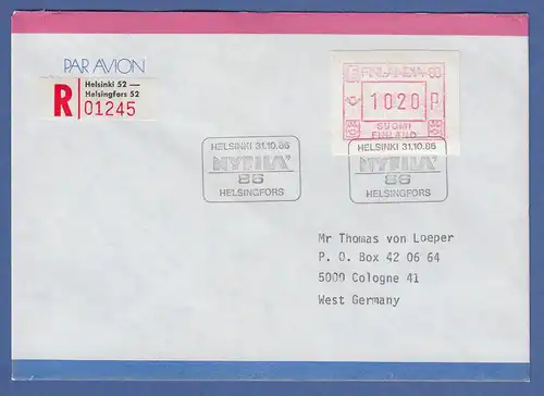 Finnland FRAMA-Sonder-ATM FINLANDIA`88 Wert 1020 von VS auf R-FDC nach Köln