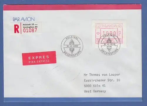 Finnland FRAMA-Sonder-ATM FINLANDIA`88 Wert 1920 von VS auf R-Express-FDC nach D