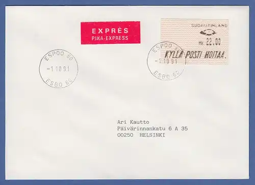 Finnland Dassault-ATM 1.Ausgabe Espoo Mi.-Nr. 10.1 hoher Wert 22,00 auf Expr-FDC