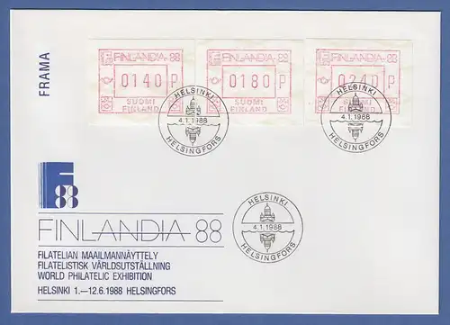 Finnland FRAMA-Sonder-ATM FINLANDIA`88 Mi.-Nr. 4.1 Satz 140-180-240 offiz. FDC