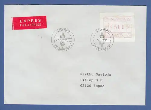 Finnland FRAMA-Sonder-ATM FINLANDIA`88 Mi.-Nr. 4.1 Wert 1380 auf Express-FDC