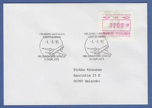 Finnland 1993 ATM Mi-Nr. 14.1 aus OA # 02 (schmale Ziffern) Wert 200 auf FDC 