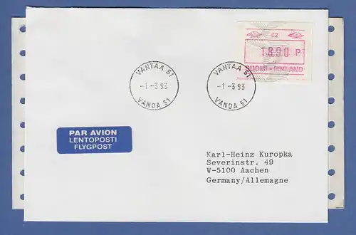 Finnland 1993 ATM Mi-Nr. 14.1 aus OA # 02 (schmale Ziffern) Wert 1890 auf R-FDC 