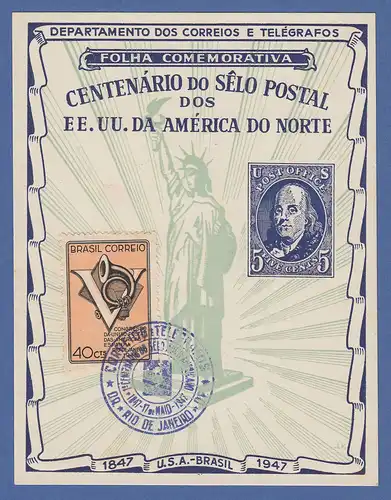Brasilien 1947 amtl. Gedenkblatt 100 Jahre USA-Briefmarken mit Mi.-Nr. 686