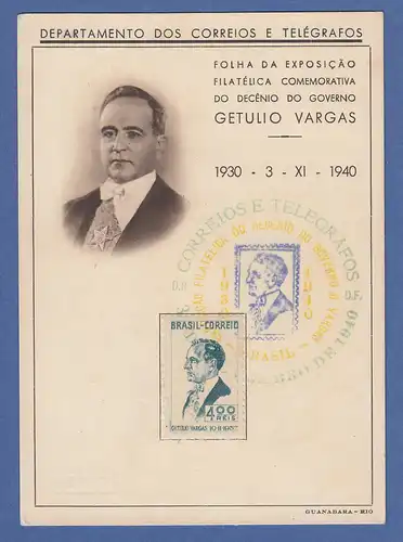 Brasilien 1940 amtl. Gedenkblatt Präsident Getúlio Vargas mit Mi.-Nr. 494
