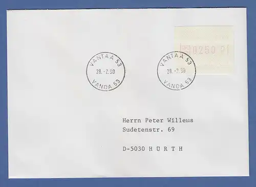 Finnland 1989 FRAMA-ATM Mi.-Nr. 5.1 xc Wert 250 auf Brief, O VANTAA 28.2.90