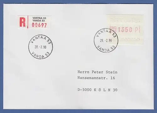 Finnland 1989 FRAMA-ATM Mi.-Nr. 5.1 xc Wert 1350 auf R-Brief, O VANTAA 28.2.90