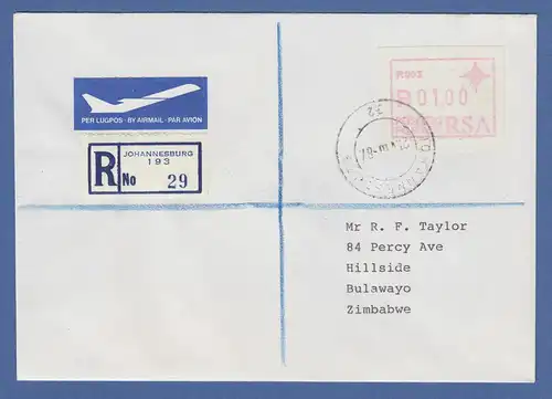 RSA ATM 1. Ausgabe P.003 Wert 01.00 als Gummidruck auf R-Brief nach Zimbabwe