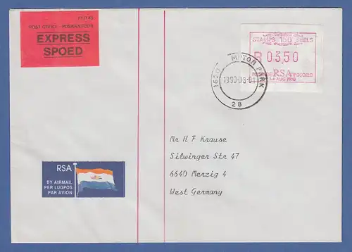 RSA Sonder-ATM STAMP 150 SEELS aus OA Mi.-Nr. 9d Wert 03,50 auf Expr-FDC nach D.