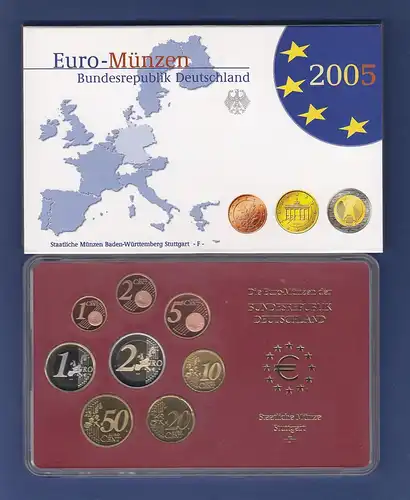 Bundesrepublik EURO-Kursmünzensatz 2005 F Spiegelglanz-Ausführung PP