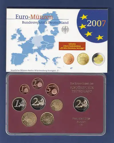 Bundesrepublik EURO-Kursmünzensatz 2007 F Spiegelglanz-Ausführung PP