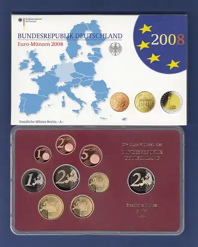 Bundesrepublik EURO-Kursmünzensatz 2008 A Spiegelglanz-Ausführung PP