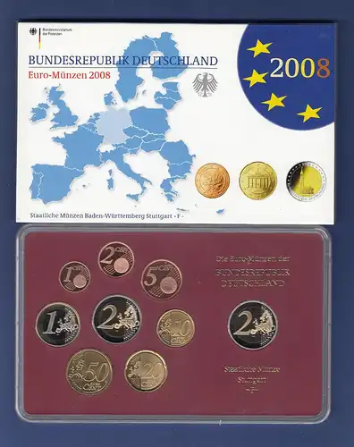 Bundesrepublik EURO-Kursmünzensatz 2008 F Spiegelglanz-Ausführung PP
