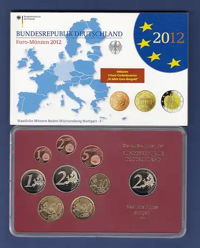 Bundesrepublik EURO-Kursmünzensatz 2012 F Spiegelglanz-Ausführung PP