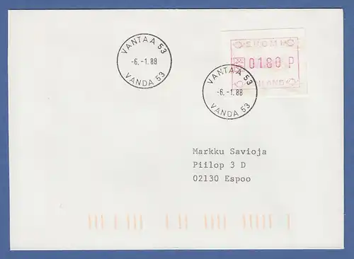 Finnland 1988 FRAMA-ATM Mi.-Nr. 3.2 c Wert 0180 aus OA VANTAA auf Brief, 6.1.88