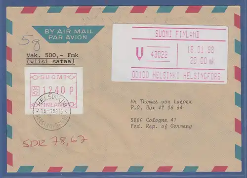 Finnland 1988 FRAMA-ATM Mi-Nr. 3.2 c Wert 1240 zus. mit SFS auf Wertbrief n. D