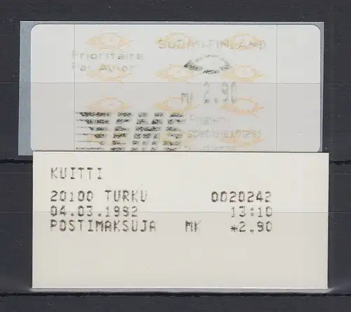 Finnland 1992 Dassault-ATM 2.Ausgabe Turku EMS Mi-Nr 12.2 Z6 Wert 2,90 ** mit AQ