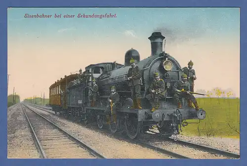 AK Eisenbahner bei einer Erkundungsfahrt Dampflokomotive gelaufen 1916