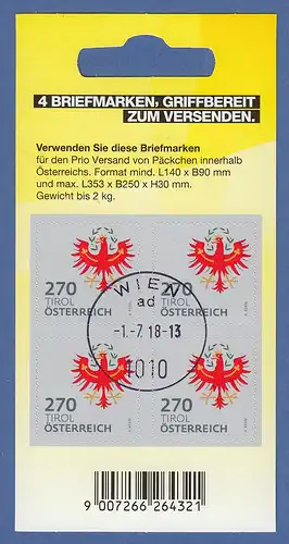 Österreich 2018 Freimarke Heraldik Folienblatt mit 4x Tirol 270er Mi-Nr 3415 O