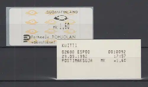 Finnland 1993 Dassault-ATM Mi.-Nr. 12.3 Z1 ** mit Aut.-Quittung