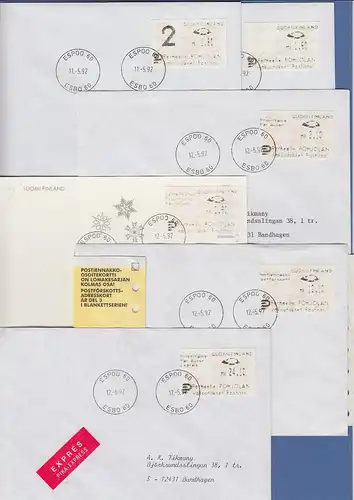 Finnland 1993 Dassault-ATM Mi.-Nr. 12.3 Zudruck-Satz Z1-Z7 auf 6 Briefen. 