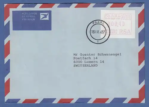 RSA 1987 Sonder-ATM PAARL Wert 00,40 auf FDC gel. in die Schweiz