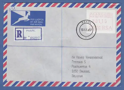 RSA 1987 Sonder-ATM PAARL Wert 01,15 auf R-FDC nach Belgien