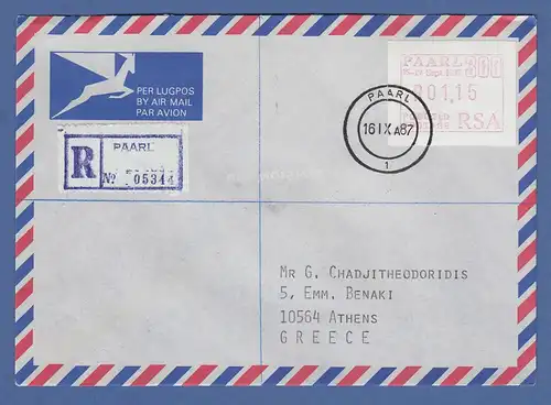 RSA 1987 Sonder-ATM PAARL Wert 01,15 auf R-FDC nach Griechenland