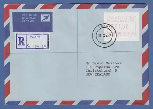 RSA 1987 Sonder-ATM PAARL Wert 01,35 auf R-FDC nach Neuseeland