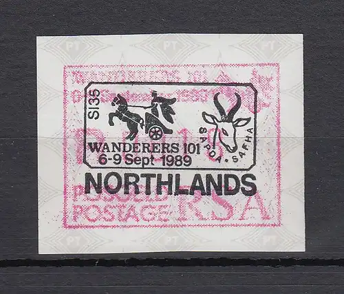 Südafrika 1989 Sonder-ATM WANDERERS101 VS-Ausgabe Wert 00,18 mit Sonderstempel 