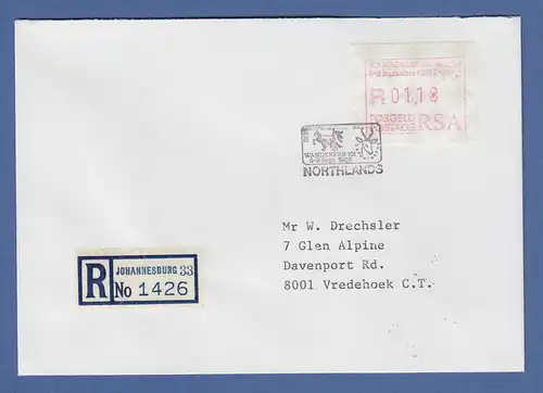 Südafrika 1989 Sonder-ATM WANDERERS101 aus OA Wert 01,18 auf Inlands R-Brief