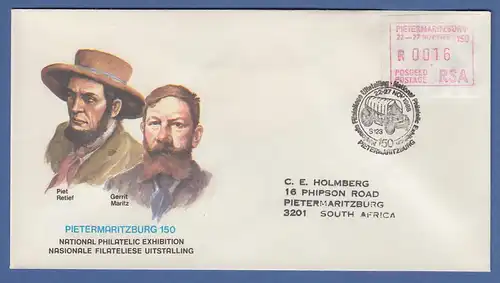 RSA Südafrika FRAMA-Sonder-ATM "PIETERMARITZBURG150" offiz. FDC, Wert 00,16