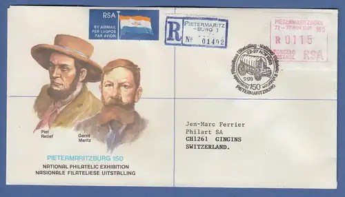 RSA Südafrika FRAMA-Sonder-ATM "PIETERMARITZBURG150" offiz. R-FDC, Wert 01,15