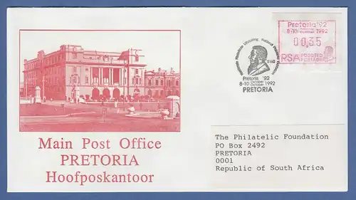 RSA Südafrika FRAMA-Sonder-ATM "Pretoria'92" offizieller FDC mit ATM 00,35 