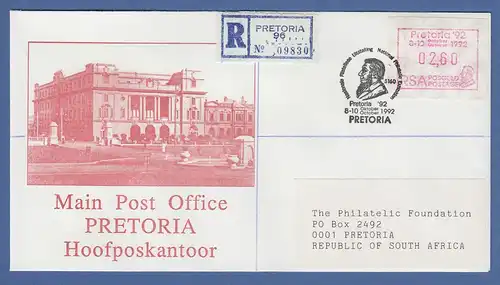 RSA Südafrika FRAMA-Sonder-ATM "Pretoria'92" offizieller R-FDC mit ATM 02,60