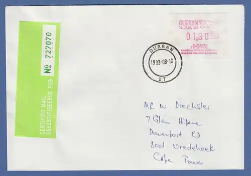 Südafrika 1993 Sonder-ATM e'Thekwini Durban aus OA Wert 1,80 auf Certified-Brief