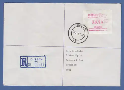 Südafrika 1993 Sonder-ATM e'Thekwini Durban aus OA Wert 3,45 auf R-Brief
