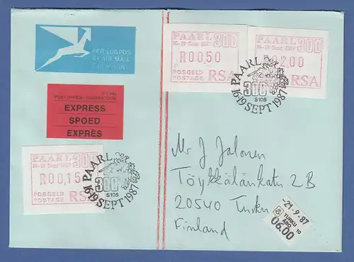 RSA 1987 Sonder-ATM PAARL Werte 15-50-200 auf  Express-Brief nach Finnland