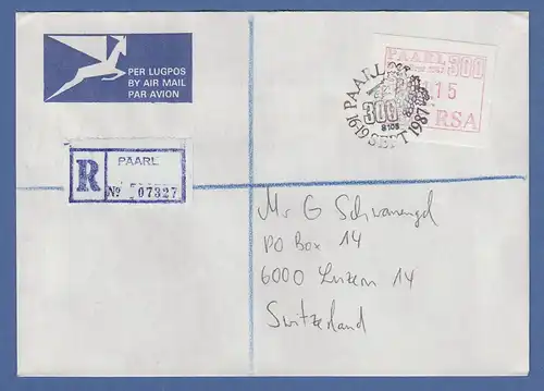RSA Südafrika 1987 Sonder-ATM PAARL Wert 01,15 auf R-Brief in die Schweiz