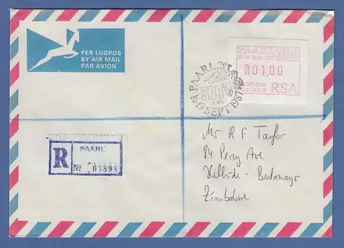 RSA Südafrika 1987 Sonder-ATM PAARL Wert 01,00 auf R-Brief nach Simbabwe