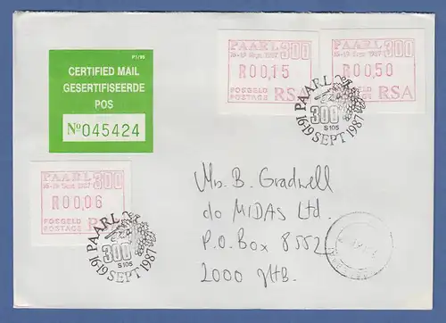 RSA Südafrika 1987 Sonder-ATM PAARL Certified-Brief mit 3 ATM 0,06-0,15-0,50 