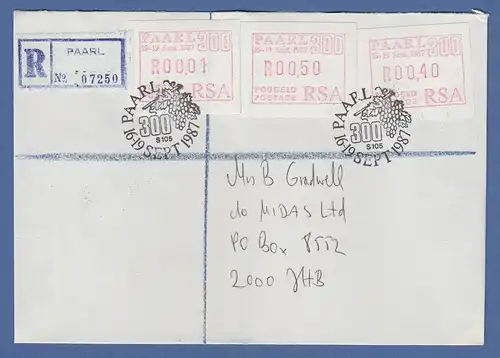 RSA Südafrika 1987 Sonder-ATM PAARL R-Brief mit 3 ATM 1 - 40 - 50  