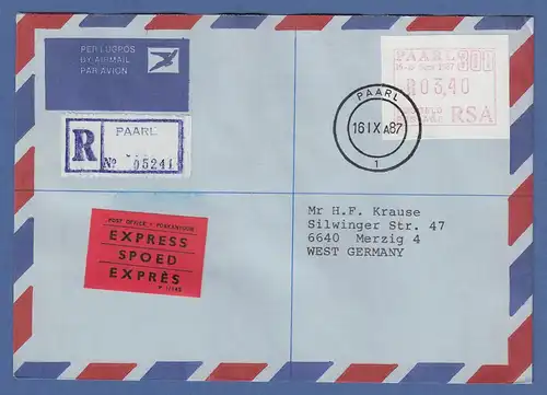 RSA Südafrika 1987 Sonder-ATM PAARL hoher Wert 3,40 auf R-Expr-Brief nach D