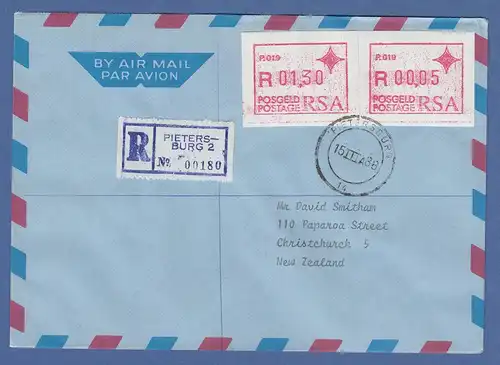 RSA Südafrika FRAMA-ATM aus OA P.019 Pietersburg 2 Werte auf R-Brief nach NZL 