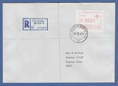 RSA Südafrika FRAMA-ATM aus OA P.019 Pietersburg Wert 00,91 auf R-Brief
