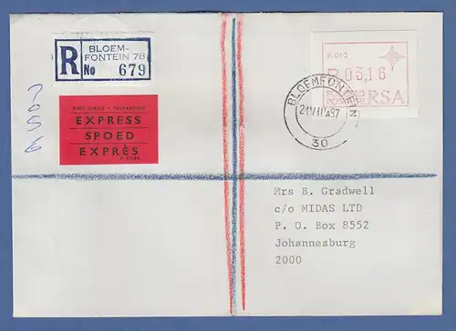 RSA Südafrika FRAMA-ATM aus OA P.010 Bloemfontein Wert 03,16 a. R-Express-Brief 